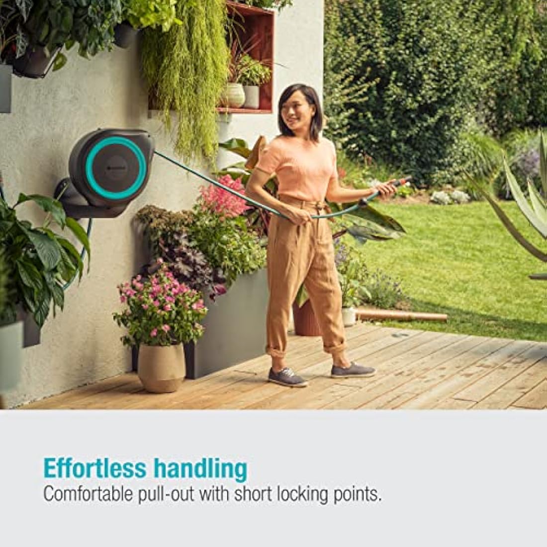 Gardena Wall-Mounted Hose Box RollUp S (turquoise): Versatile watering system for small gardens, swivel hose reel, with wall bracket, system parts and nozzle including 15 m Gardena hose (18600-20)