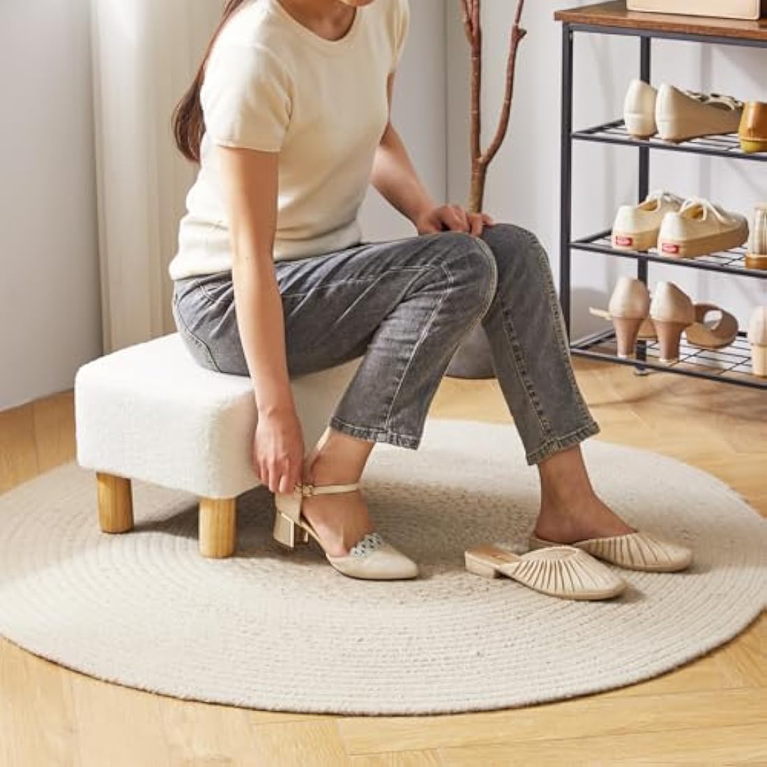 YMYNY Footstool, Rectangle Pouf Ottoman with Stable Wooden Legs, for Couch, Desk, Modern Teddy fleece Material Soft Padded Seat, Change Shoes Stool for Living Room, Bedroom, 40×29×25CM White HBD030W