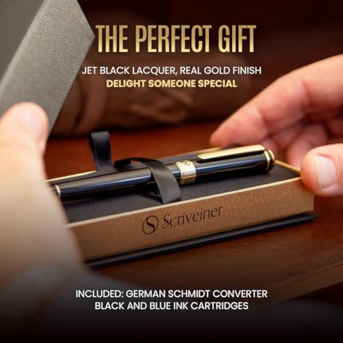 Scriveiner Black Lacquer Fountain Pen Stunning Pen, Real Gold Plating, Schmidt Gilded Nib (Extra Fine), Best Pen Gift Set for Men & Women, Professional, Executive, Office, Nice Pens