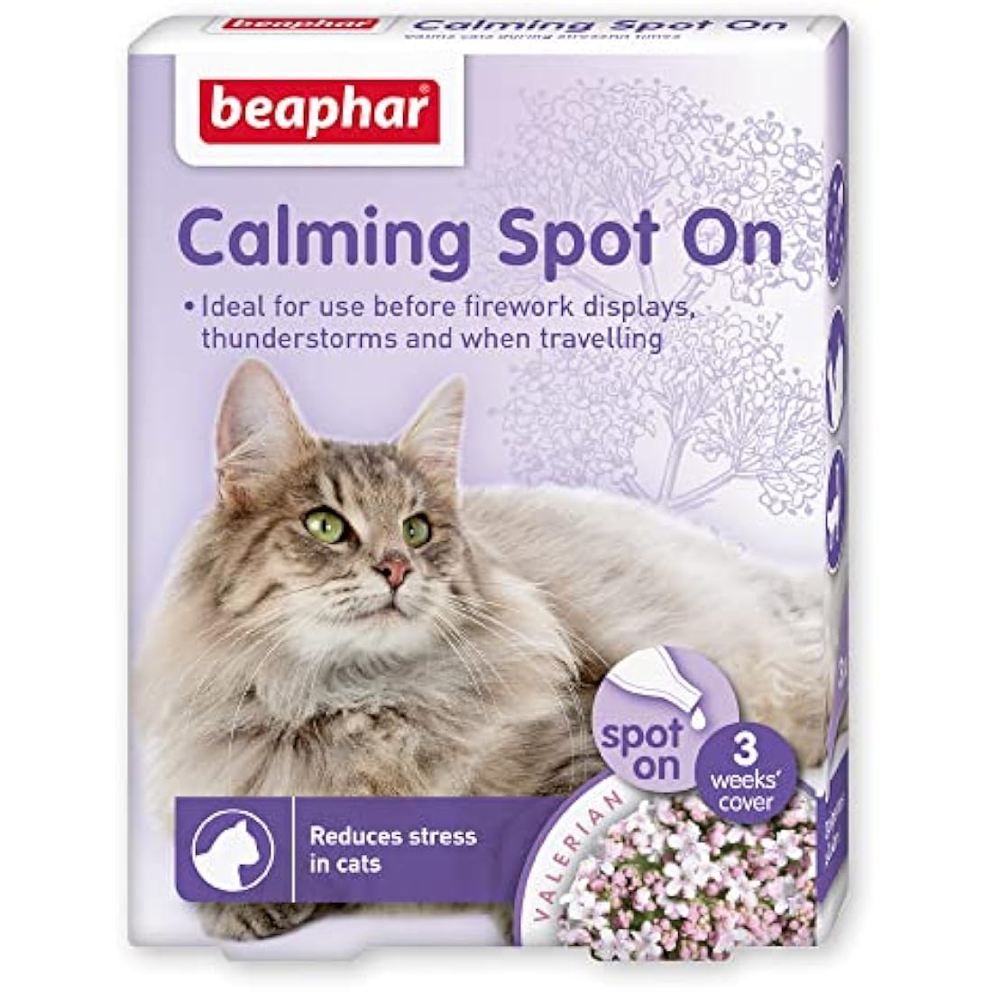 Beaphar - Herbal Calming Spot-On for Cats - Contains Natural Herb Valerian - Promotes Calming During Fireworks, Thunderstorms, Travel & Stressful Situations - 1 Pipette Lasts Up To 1 Week - 3 Pipettes