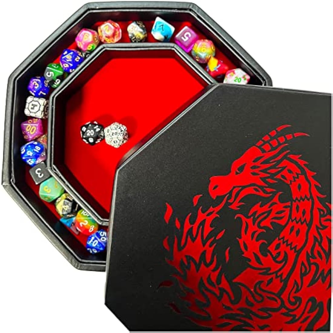 Fantasydice- Fire Dragon - Dice Tray - 20CM Octagon with Lid and Dice Staging Area- Holds 5 Sets of Dice(7 / Standard) For All Tabletop RPGs Like D&D, Call of Cthulhu, Shadowrun. (RED)