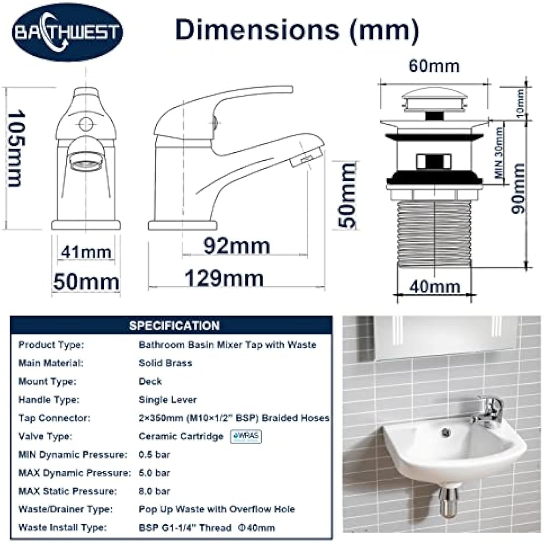 Basin Mixer Tap with Pop Up Waste, BATHWEST Classic Brass Chrome Monobloc Bathroom Sink Taps with Sink Plug, Single Lever Morden Basin Taps with Waste 022NCR