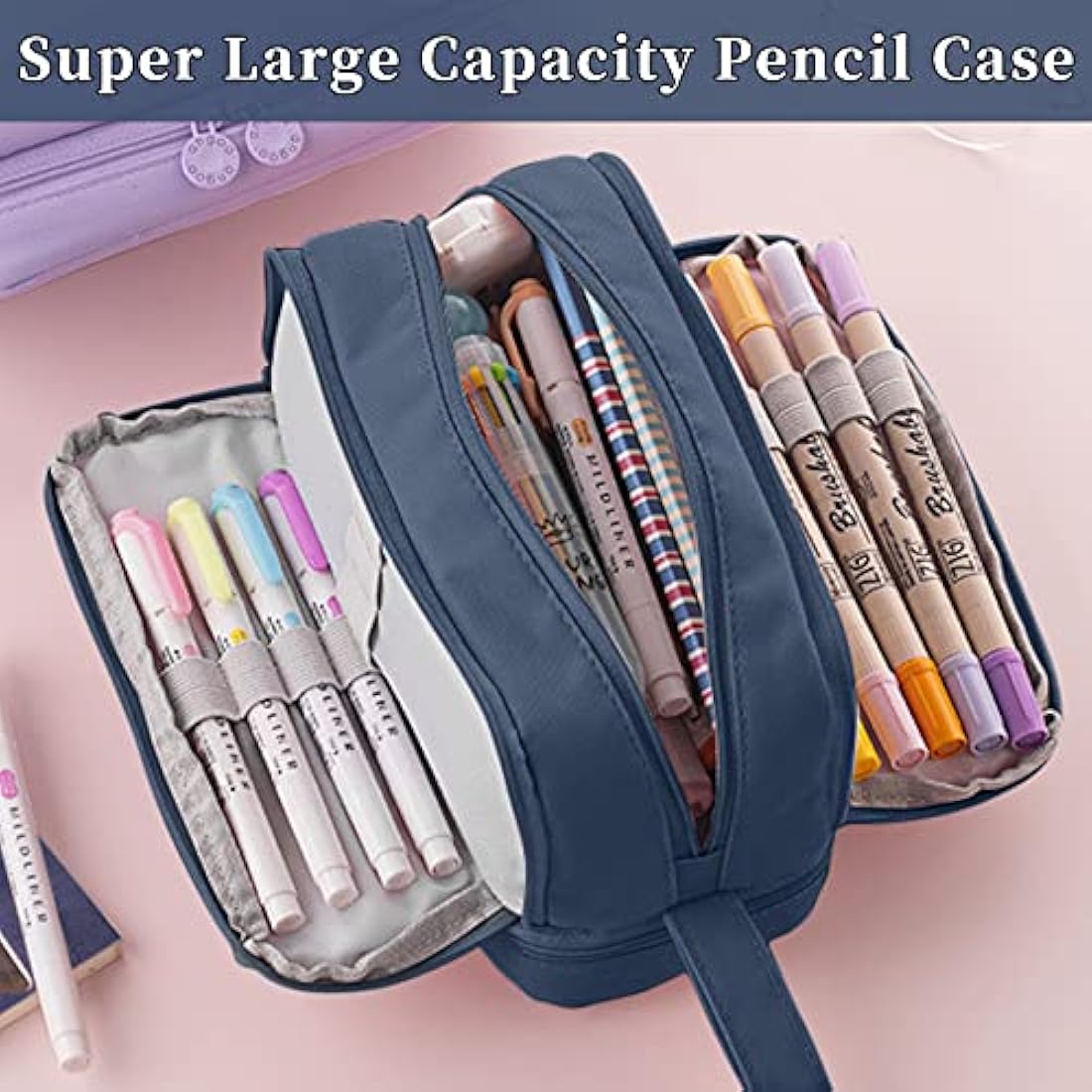 Tesmien Pencil Case, Large Pencil Case with 4 Compartments Stationery Organizer for Boys and Girls, Aesthetic Pencil Bag Suitable for Kids Teenagers Students Women Men, Dark Blue