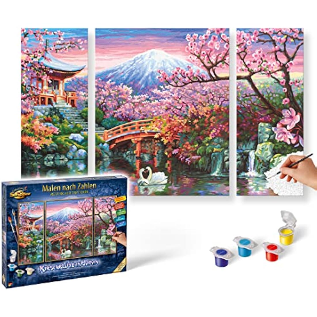 Schipper 609260751 Adults’ Painting by Numbers Kit, Cherry Blossoms In Japan, Includes Brush and Acrylic Paints, Triptych, 50 x 80 cm