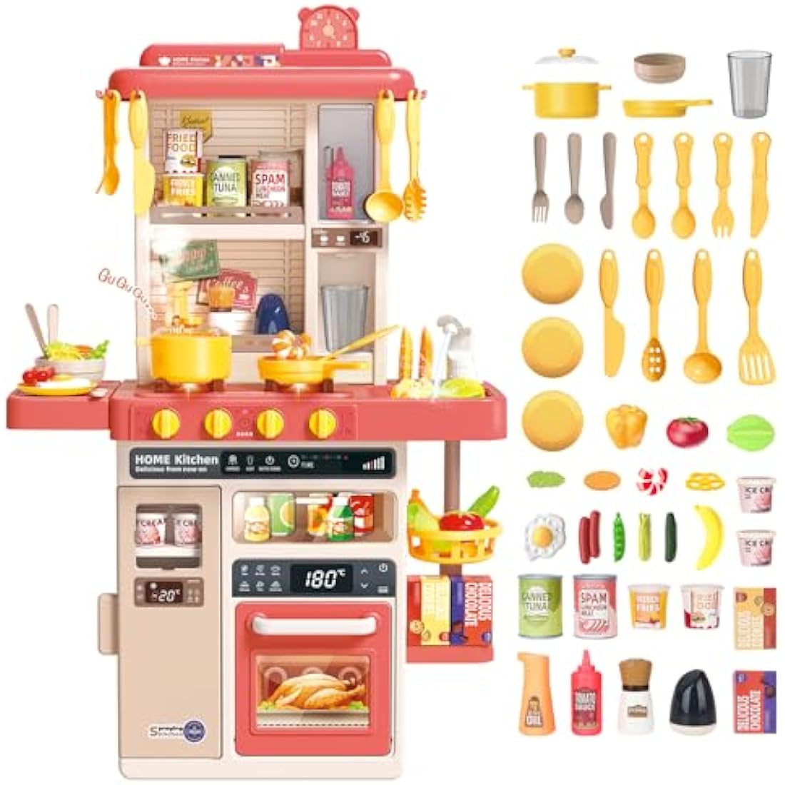 deAO Kitchen Playset Toy with Realistic Lights & Sounds, Kids Play Kitchen Set with Simulation of Spray Features, Pretend Role Play Toys with Lots of Kitchen Accessories Gift for Toddlers (Pink)