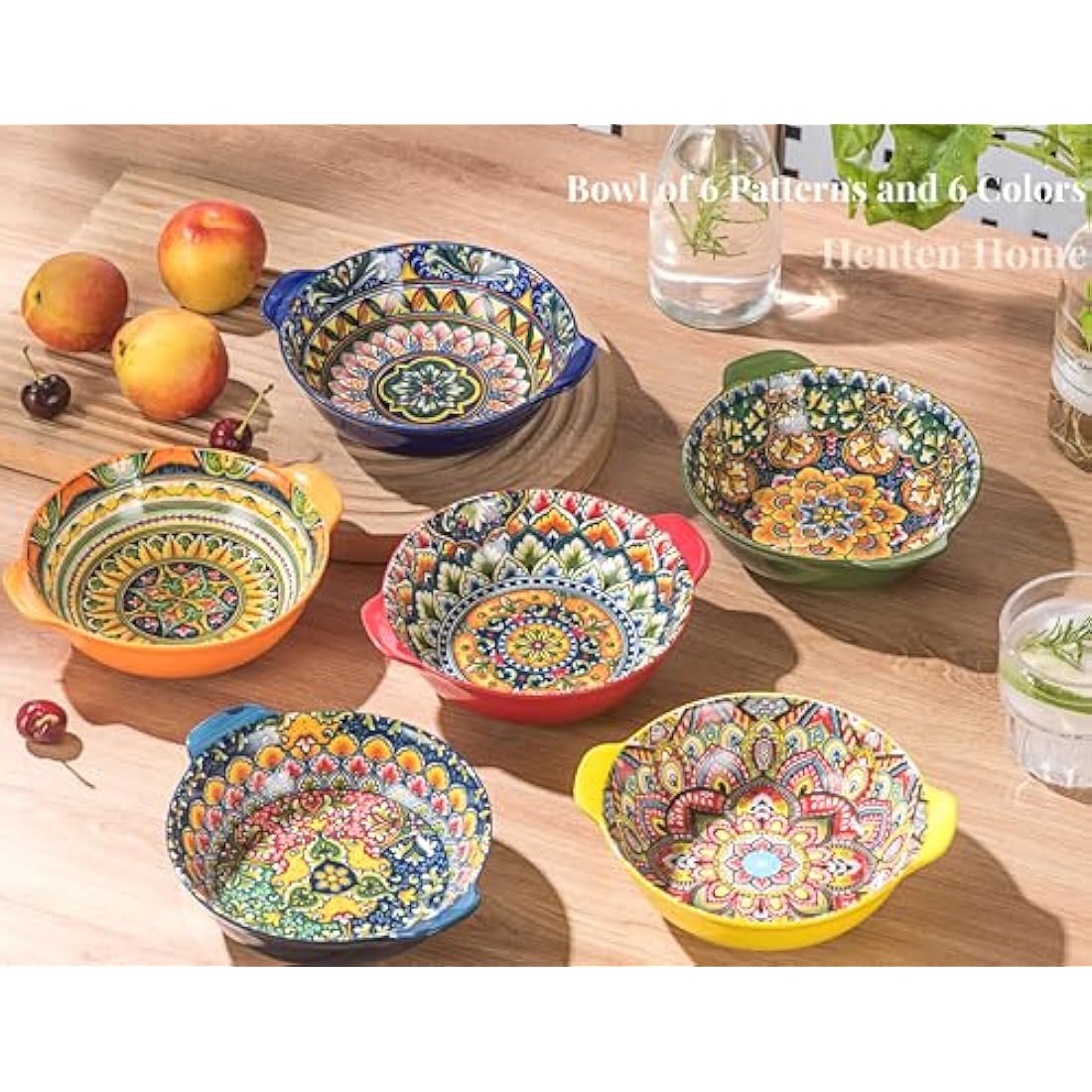 Henten Home Bowls Set, Porcelain Salad Bowl with Handles, Colorful Serving Plates 6pcs - 17.5Oz, Ceramic Bowls for Cereal Soup Salad - Bohemian Style