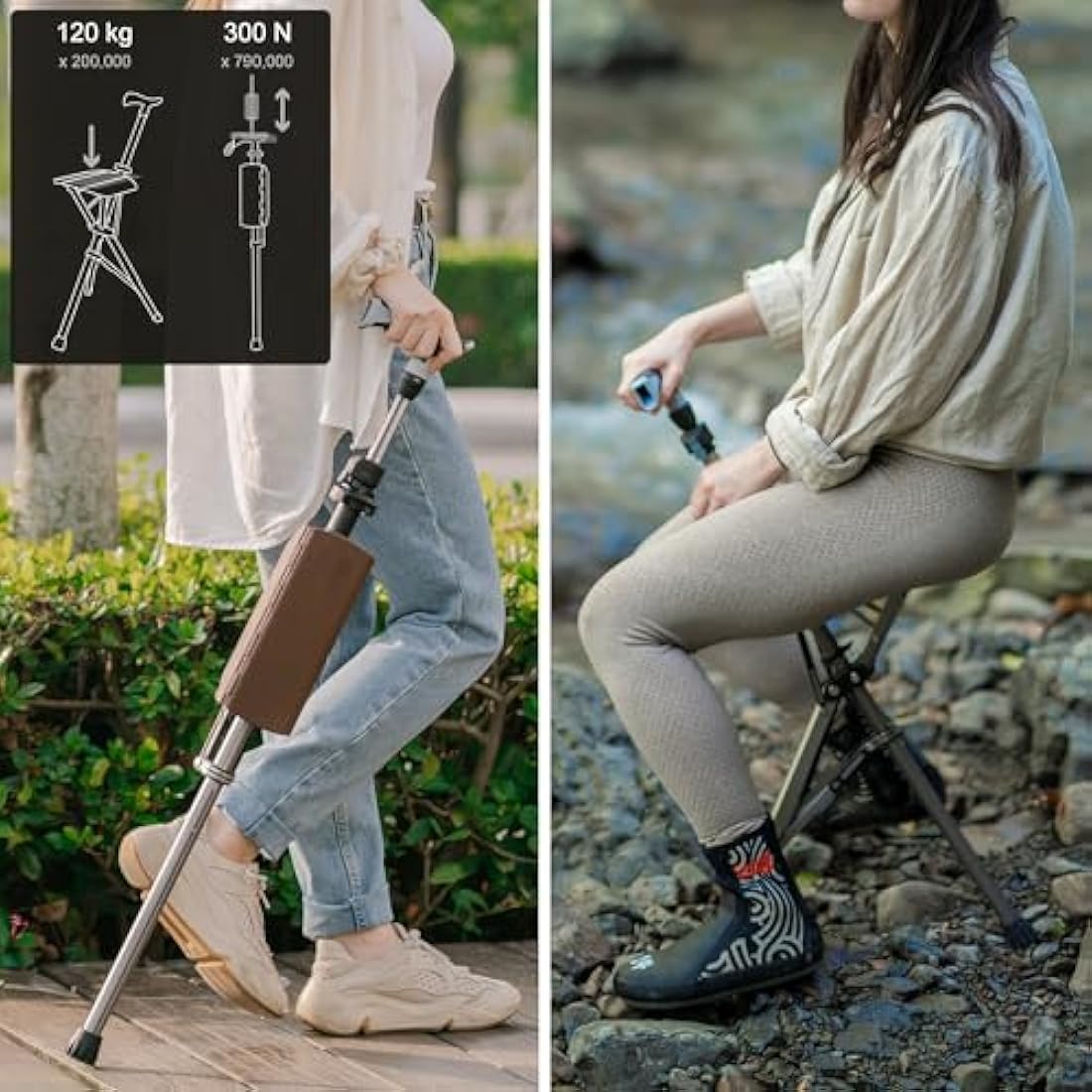 Ta-Da Chair PRO - Walking Stick with Seat, Ultra-Light Aluminium Frame & Sturdy Foldable Stool (up to 120kg), Collapsable Folding Design, Ideal for Travel & Sightseeing - Black, Adjustable
