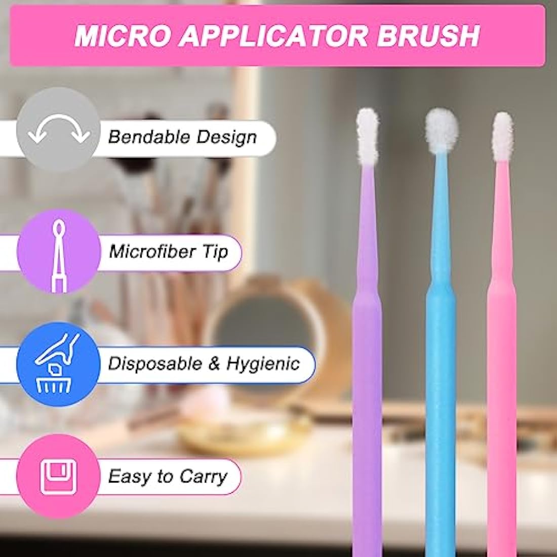 Shintop 300pcs Micro Applicator Brushes, Disposable Eyelash Extension Brushes for Makeup, Oral and Dental (Purple+Blue+Pink)