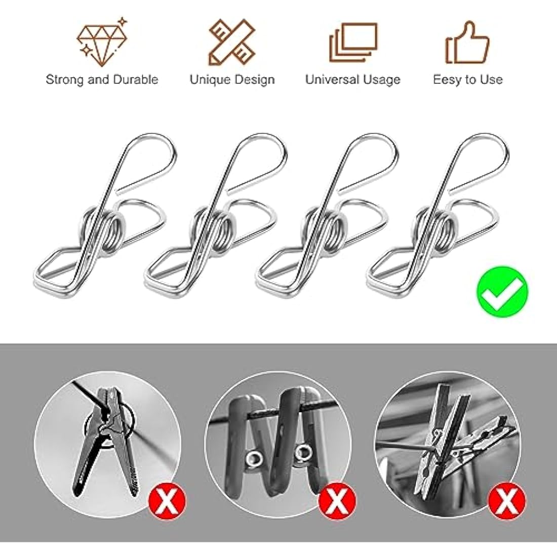Vicloon Clothes Pegs Chip Clips, 100 Pcs Stainless Steel Clip Pin, 4.5CM Strong-Grip Metal Laundry Clips for Washing Line, Clothes Sock Hanger, Kitchen, Office