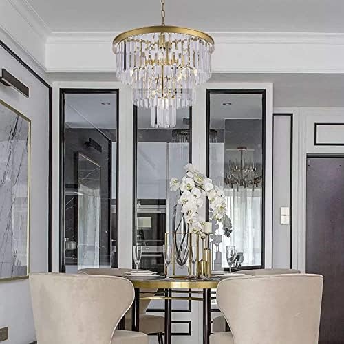 Wellmet 20 inch Gold Crystal Chandelier, 3-Tier Contemporary Modern Bathroom Chandeliers, 7-Light Adjustable Hanging Round Ceiling Light for Bedroom, Entryway, Dining Room, Girls Room, Foyer