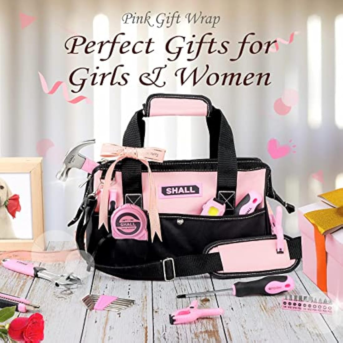 SHALL Pink Tool Set, 246-Piece Home Tool Kit for Women, Ladies Basic Tool kit for House with 14”Wide Mouth Open Tool Bag, General Household Hand Tool Set for Home Repair, Maintenance and Improvement