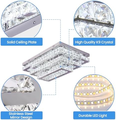 Finktonglan Modern Crystal LED Ceiling Light Fixture 20” Rectangular Flush Mount Chandelier Ceiling Lights 3-Tiers Stainless Steel Ceiling Lamp Fixtures for Living Room Dining Room(6500K Cool White)