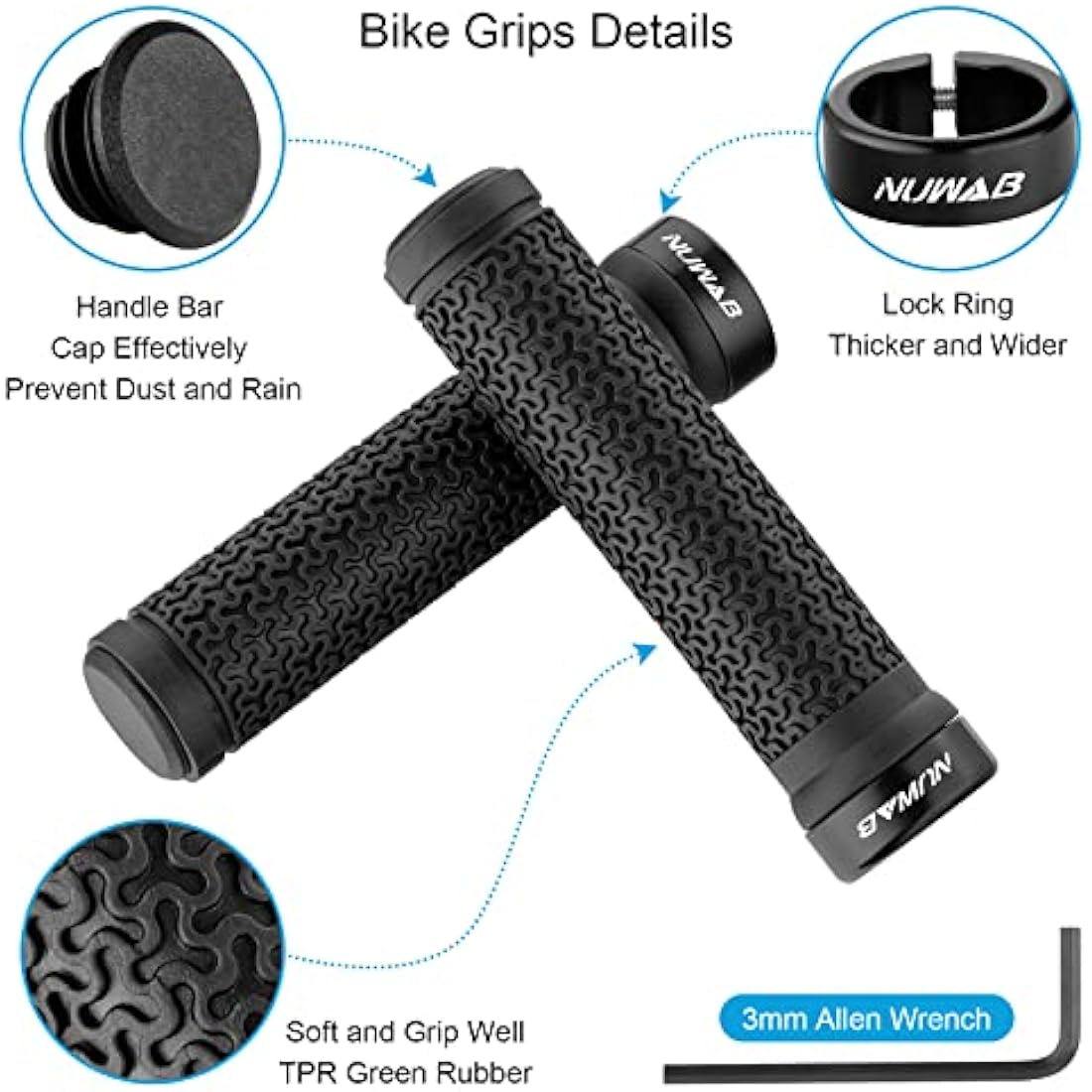 NUWAB Premium Bike Handlebar Grips, Professional Mountain Bicycle Grips with Soft Anti-Slip Rubber, Single Lock-on Bike Handlebar, 2PCS Allen Wrench Come With