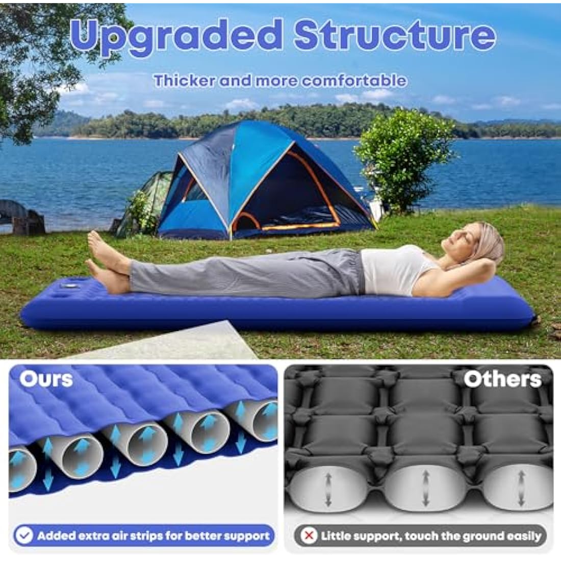 MAMBAKOTR Camping Air Bed 12-15CM Extra Thick, Reinforced Support Structure with Built-in Foot Pump and Pillow Portable Camping Sleeping Mat Air Mattress for Tent Backpacking Hiking Travel