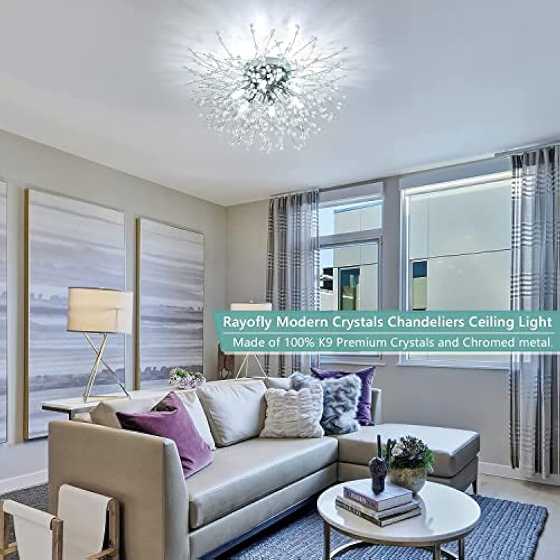 Rayofly Modern Crystal Ceiling Lights for Living Room, Chrome Fireworks K9 Crystals Chandeliers Fittings, 6 G9 LED, Chandelier Ceiling Pendant Lights for Bedroom, Dining Room, Hallway
