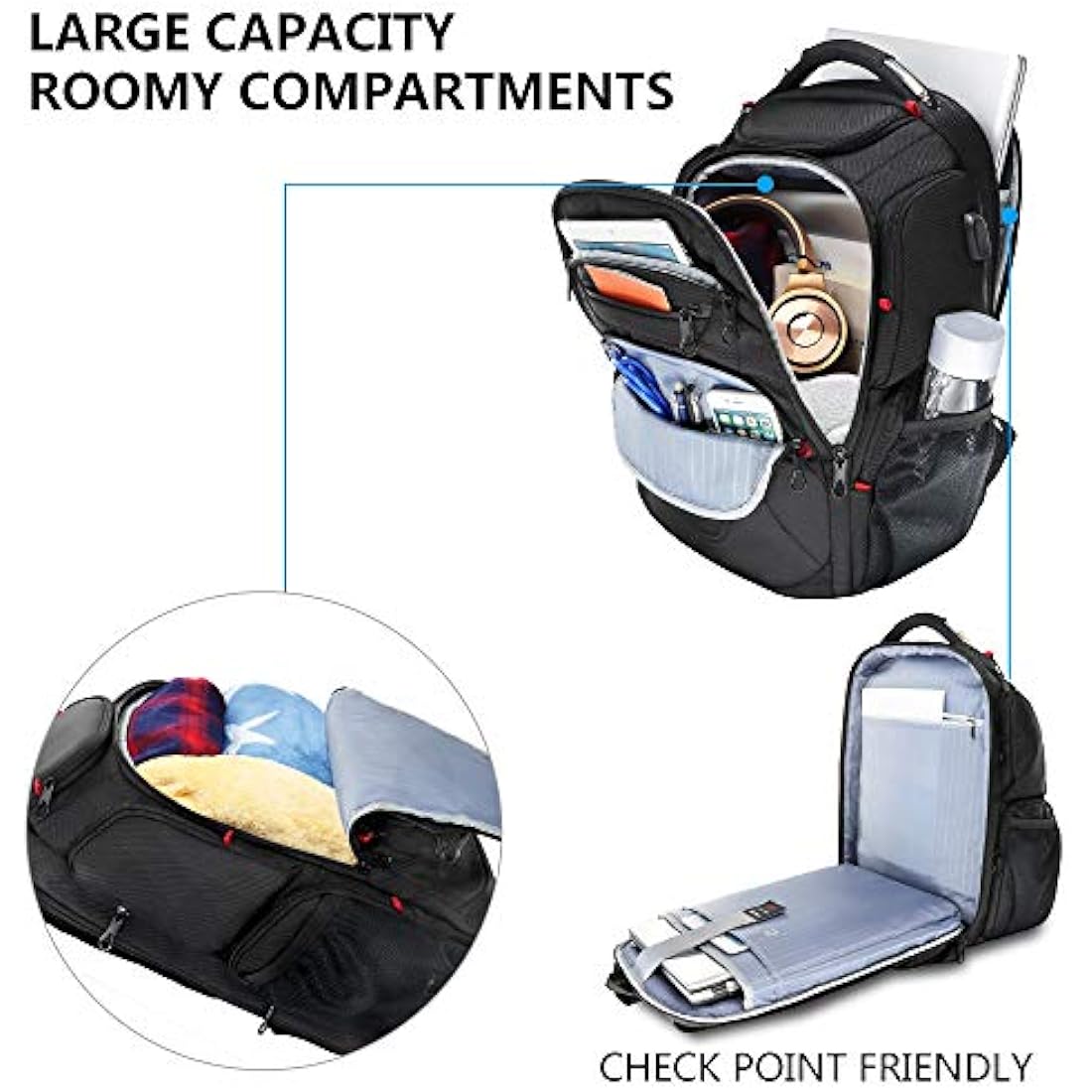 KROSER Travel Laptop Backpack 17.3 Inch XL TSA Computer Backpack Water-Repellent College Daypack Business Backpack with RFID Pockets & USB Port for Men/Women-Black