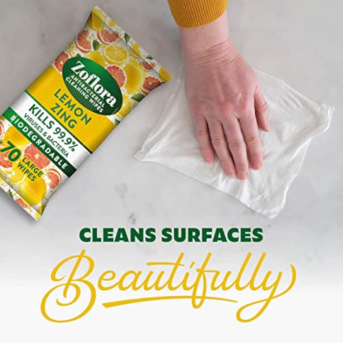 Zoflora Lemon Zing Large Biodegradeable Wipes, Antibacterial Cleaning, 6 x 70 Wipes Pack, Multi-Surface Disinfectant, Removes Odours & Kills 99.9% of Bacteria & Viruses