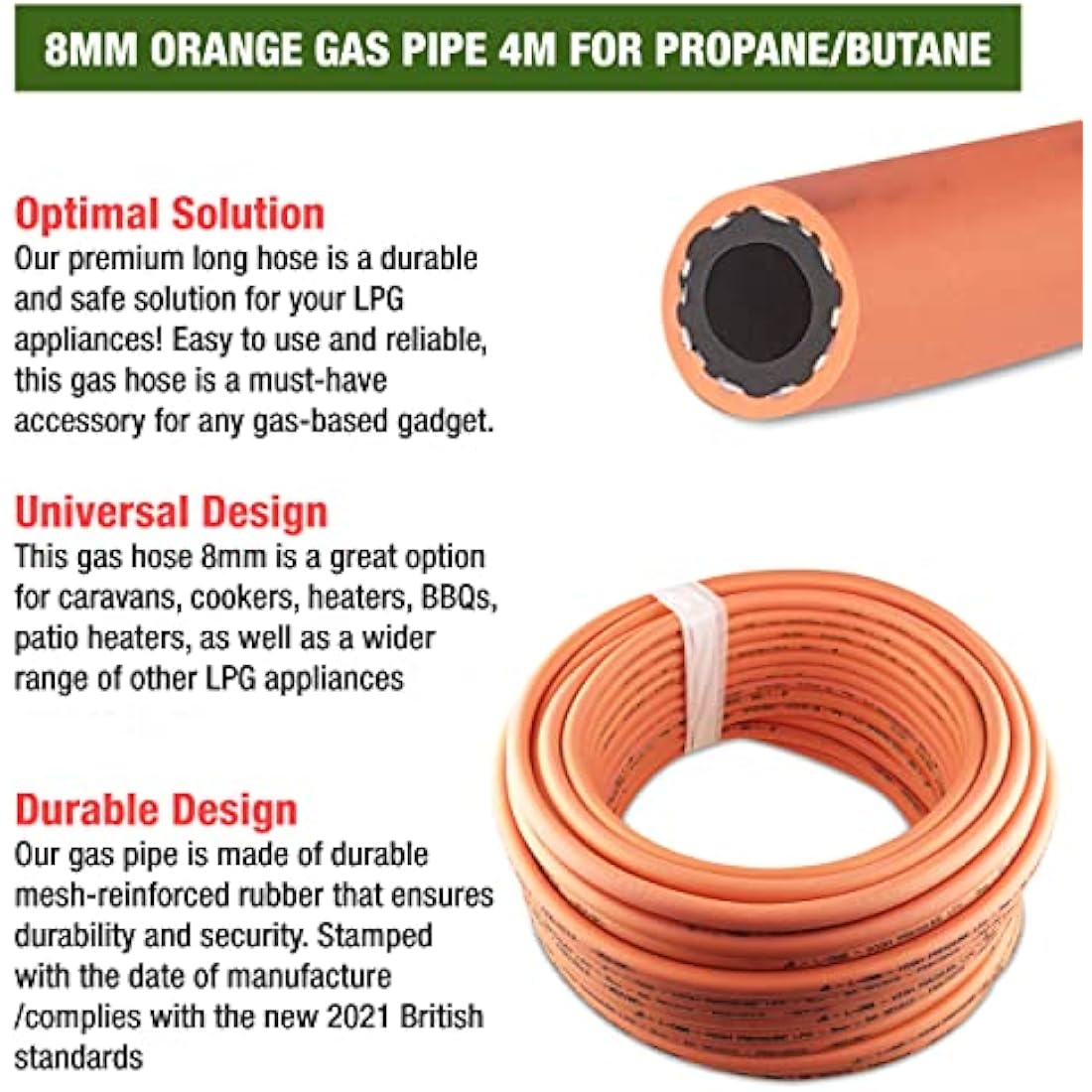 MYPURECORE 4m 8mm Premium High-Pressure Gas Hose Pipe with 2 Clips – Durable LPG Propane/Butane Pipe, Stamped with Manufacture Date, for BBQ, Caravan, Camping, Cookers, Heaters, Grill and Gas Bottles