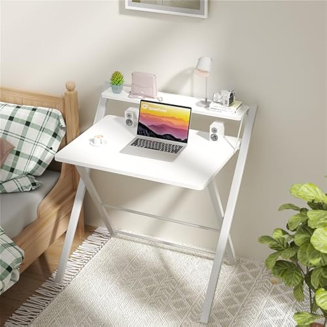 GreenForest Foldable Desk No Assembly Required,Small Desk with Monitor Shelf,Computer Desk for Small Space,White