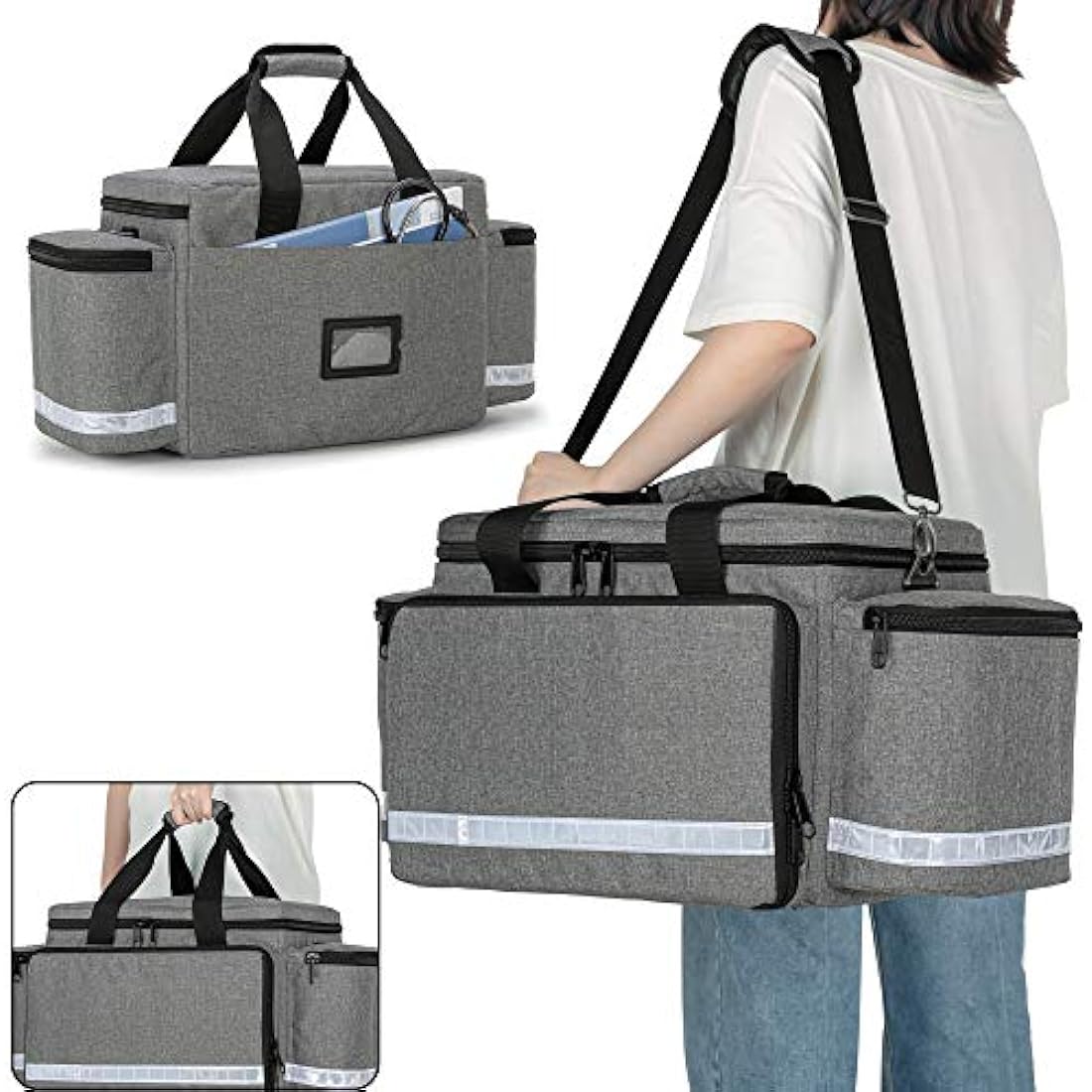 Trunab Emergency Responder Trauma Bag Empty, Professional Large First Aid Bag Medical Bag with Inner Dividers and Non-Scratch Bottom, Ideal for EMT, EMS, Paramedics, Grey, Empty-Patented Design