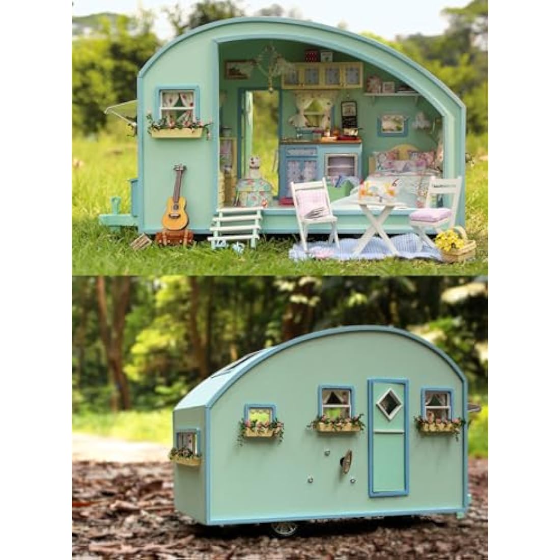 CUTEROOM Miniature Dolls House Kits, Diy Wooden Dolls House Handcraft Miniature House Kit Caravan, Time Travel Model House Kit with Furniture
