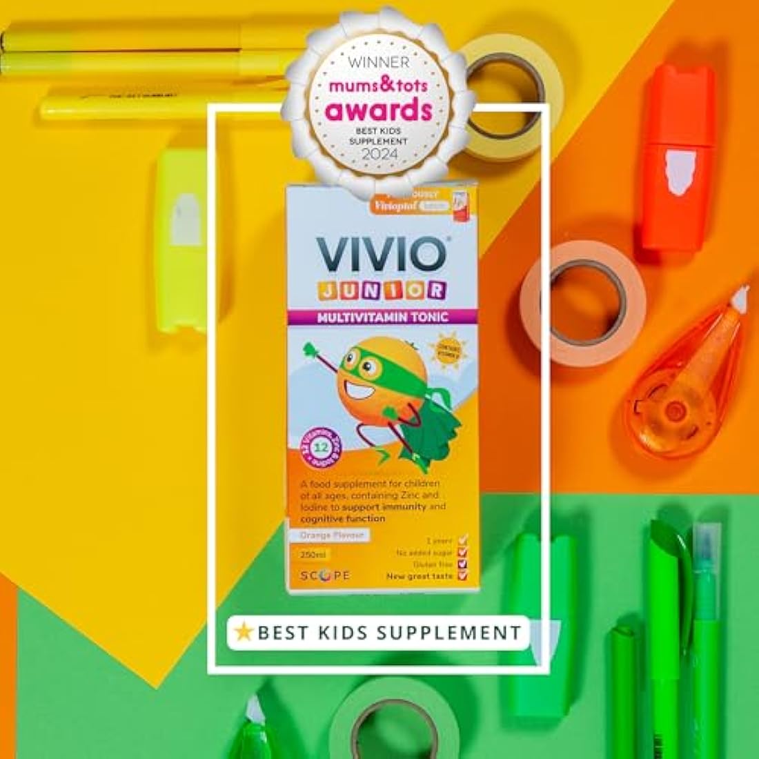 VIVIO Junior Multivitamin Tonic for Kids – 12 Added Vitamins Plus Zinc & Iodine to Support Your Child’s Immunity & Cognitive Function - Orange - 250ml