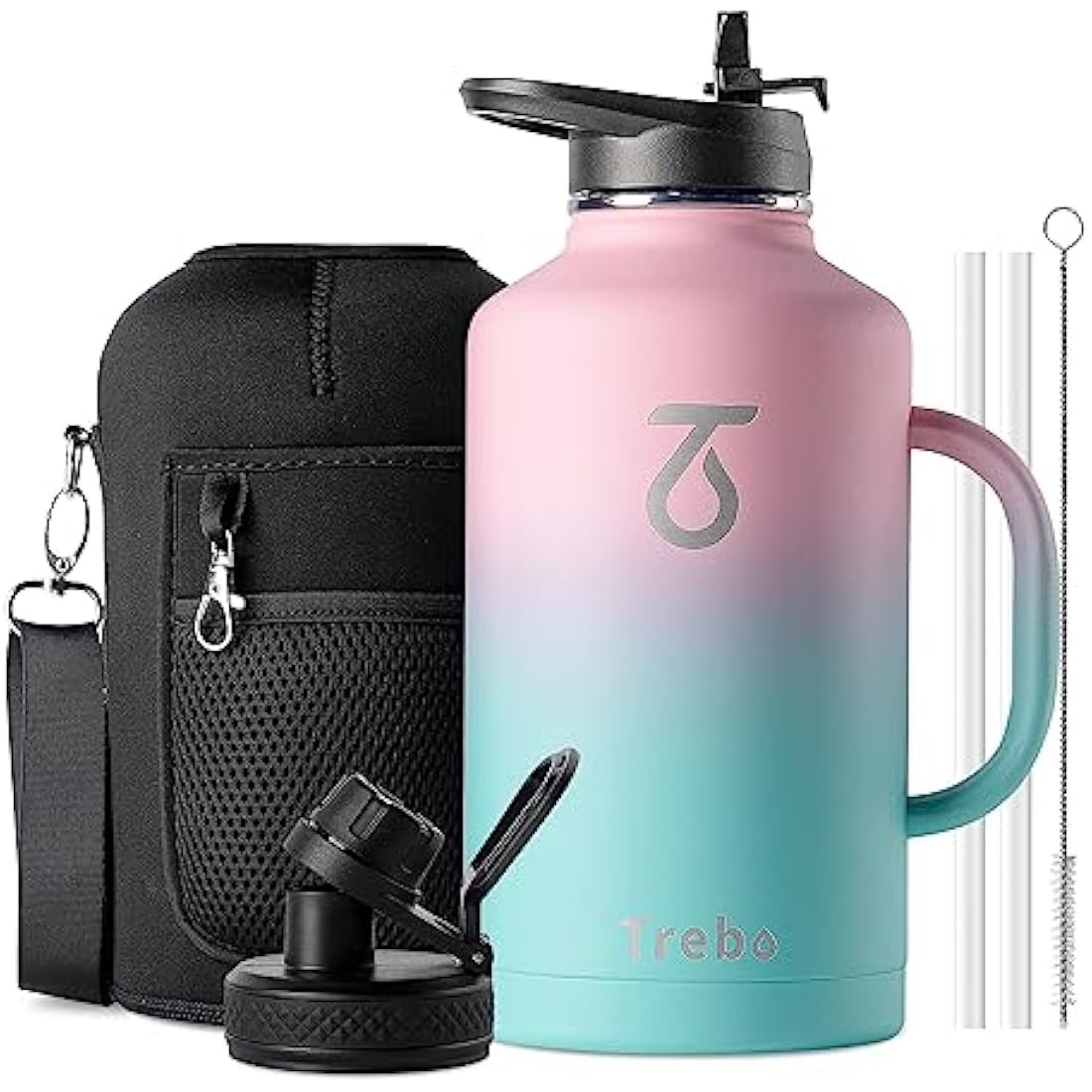 Trebo Insulated Water Bottle 2L, Metal Bottle with Handle Stainless Steel Metal Large Jug Travel Flask with Straw Spout Lid Mug Tumbler Cup with Carry Pouch Keep Cold Hot, Pink