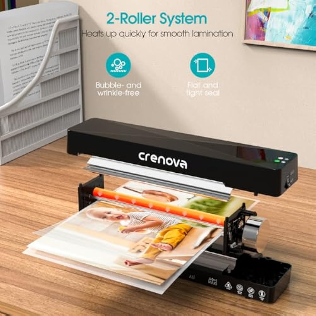 Crenova A4 Laminator, Thermal Laminator Machine for Hot and Cold Settings with 10 Laminating Pouches No Bubbles for School Home Use (Black)