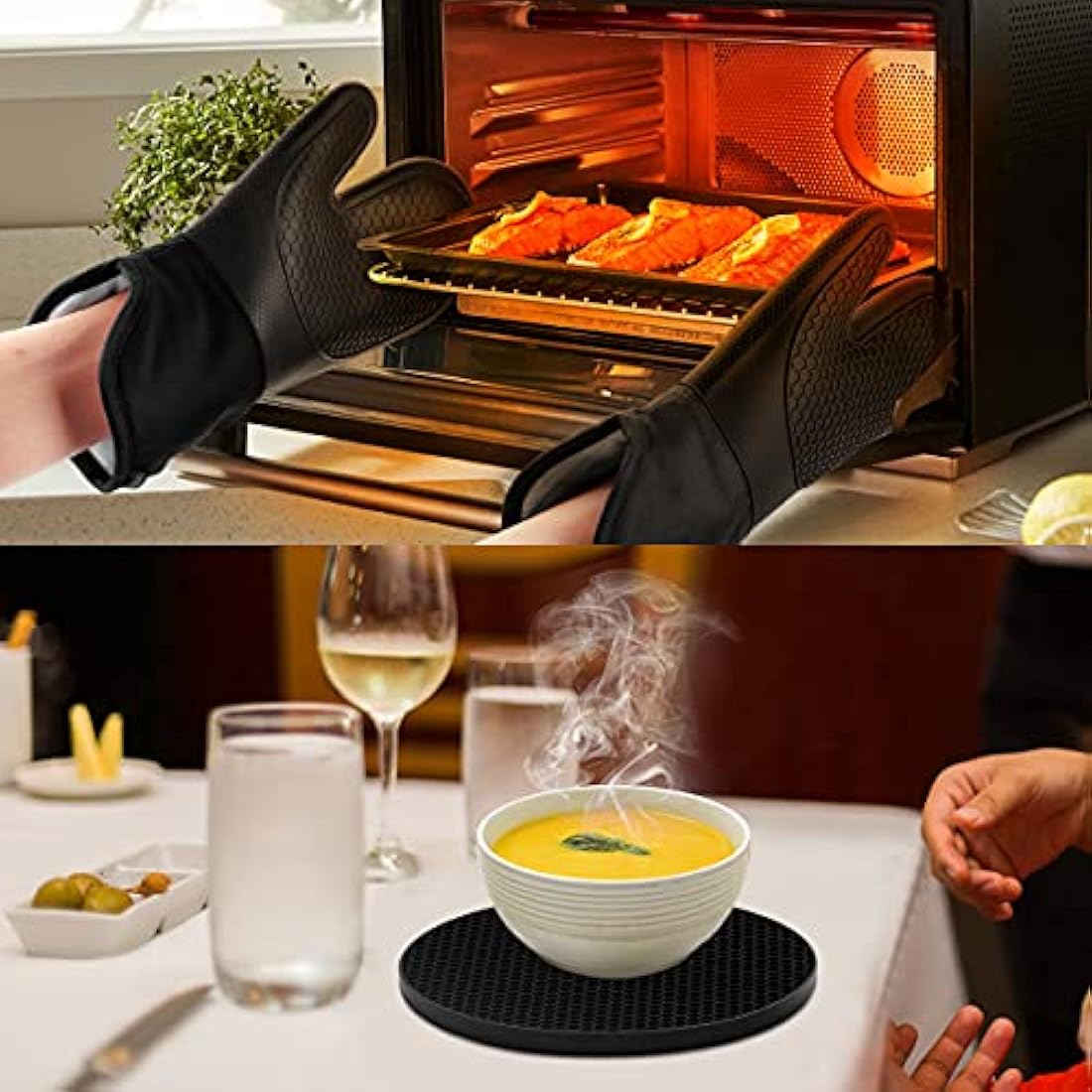 Philorn Silicone Glove Waterproof Heat Resistant Oven Mitts Non-slip with 2 Insulation Pads Long Cotton Cuffs BBQ Baking Smoking Potholders (Black)