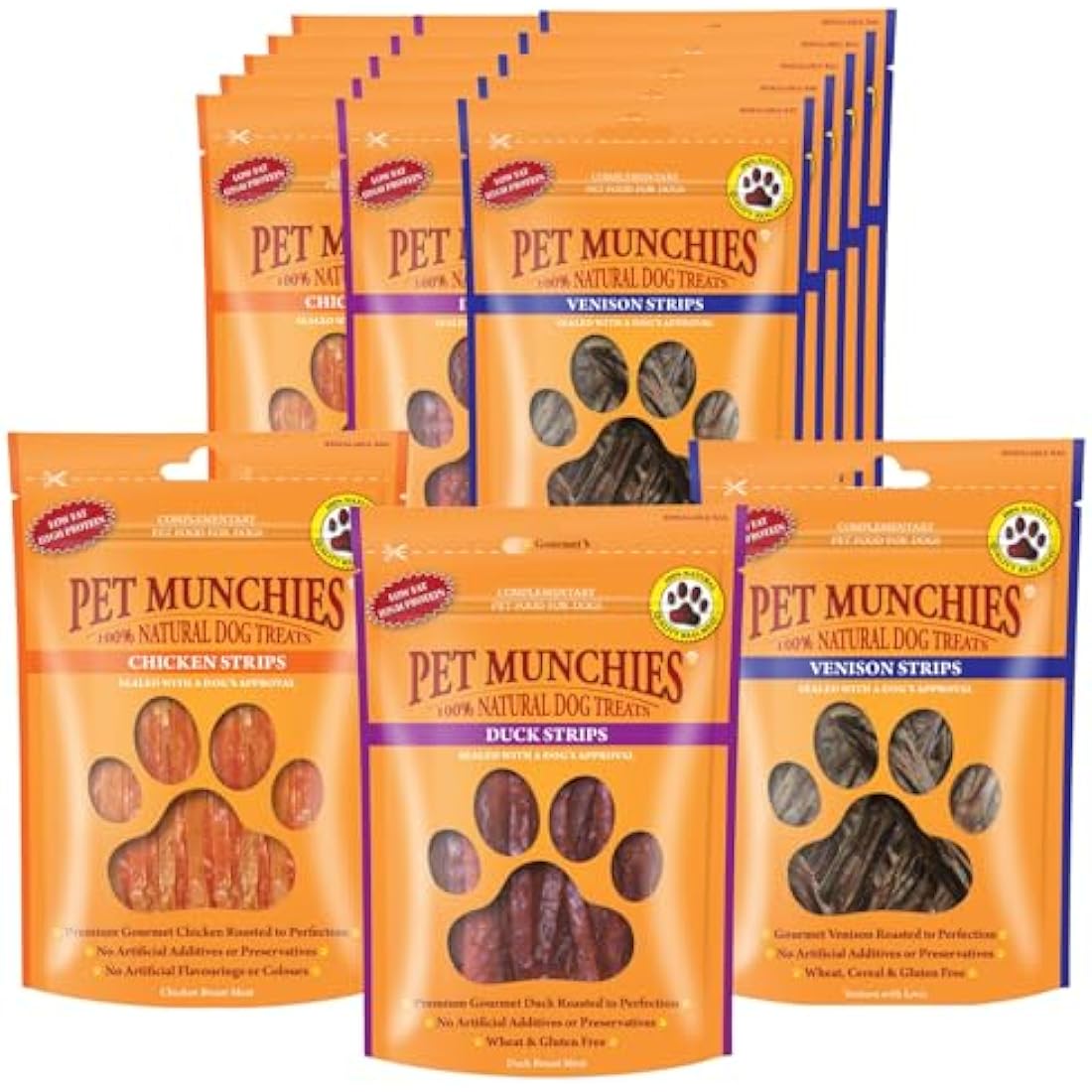 Pet Munchies Meaty Strips Bundle for Dogs, Multipack with Chicken, Venison, Duck Flavour, Natural Real Meat Dog Chew Treats, 18 Variety Bags, 255g