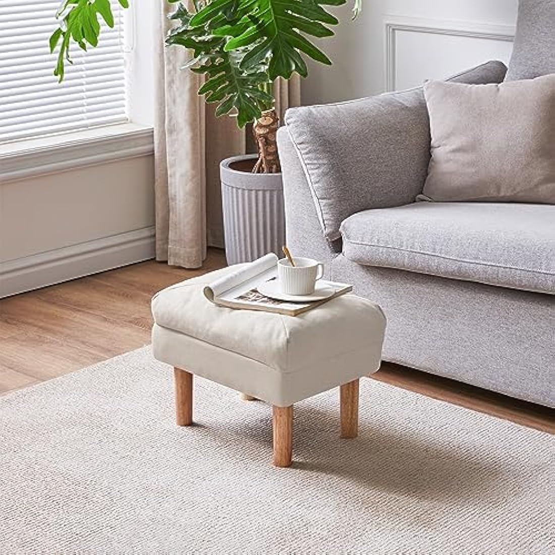 YMYNY Foot Stool, Ottoman Small, Chair with Sponge Padded Seat, Footrest, Shoes Changing Wooden Stool for Living Room, Bedroom, Entryway, 40×29×32CM, Beige HBD023M