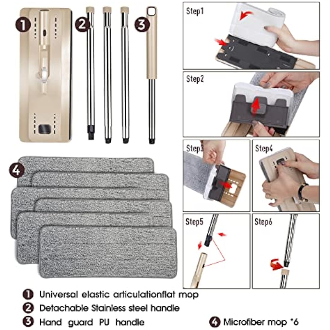 Masthome Mop and Buckets Sets, Flat Mop and Bucket Set, Microfibre Squeeze Mops for Cleaning Floors with 6pc Reusable Pads for Wet & Dry Use, Floor Mops for Cleaning Hardwood Laminate Tile Floors
