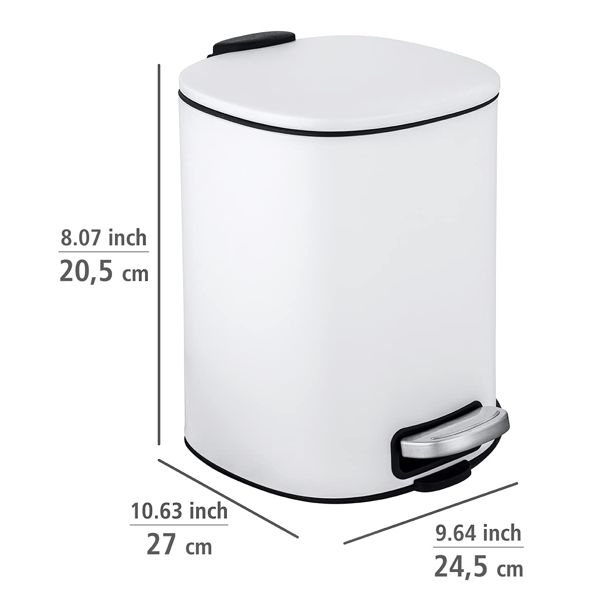 WENKO Alassio Cosmetic Pedal Bin, 5 Litre Volume Bathroom Bin with Easy-Close Mechanism, Painted Steel, 24.5 x 20.5 x 27 cm, White