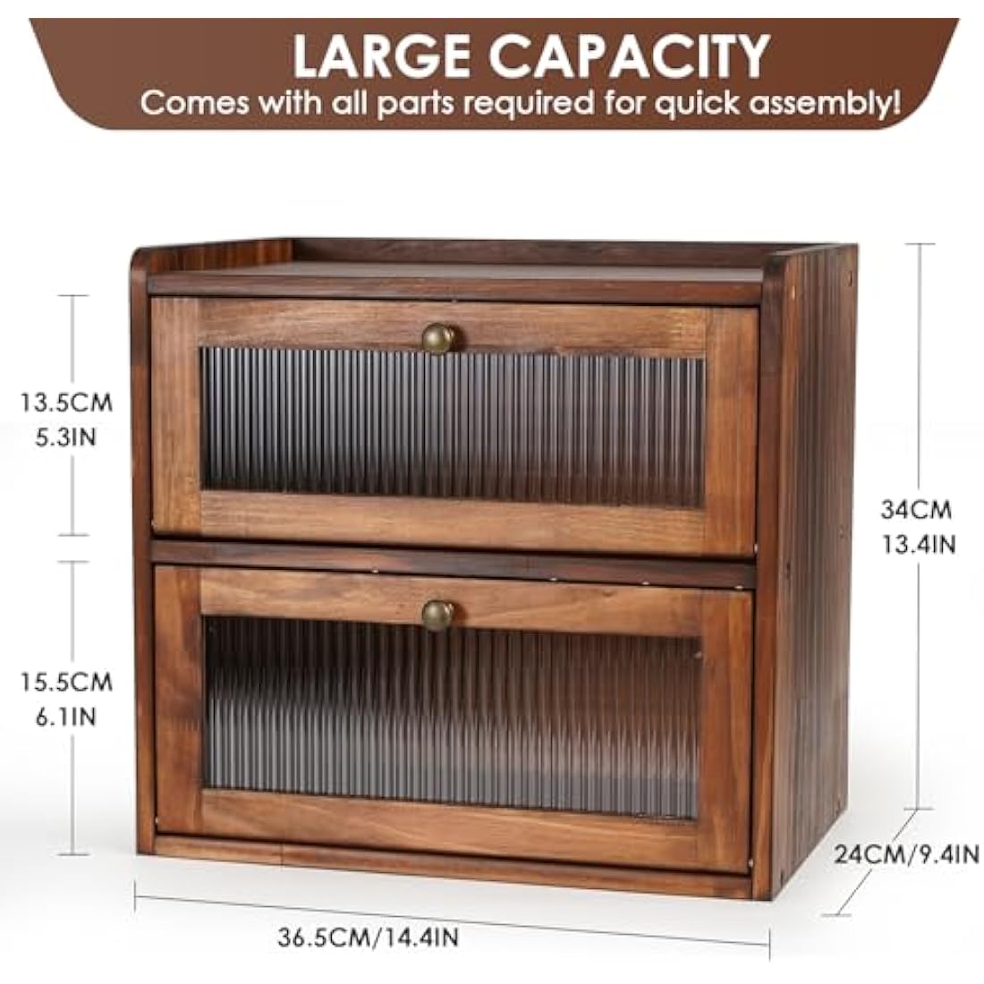 GUUSII HOME Bread Bin Wooden Breads Storage Box for Kitchen Countertop Double Decker Large food Container Homemade Front Opening Vintage Tall Fruit & Veg Cupboard Keep Fresh 36.5x24x34 cm(Brown, L)