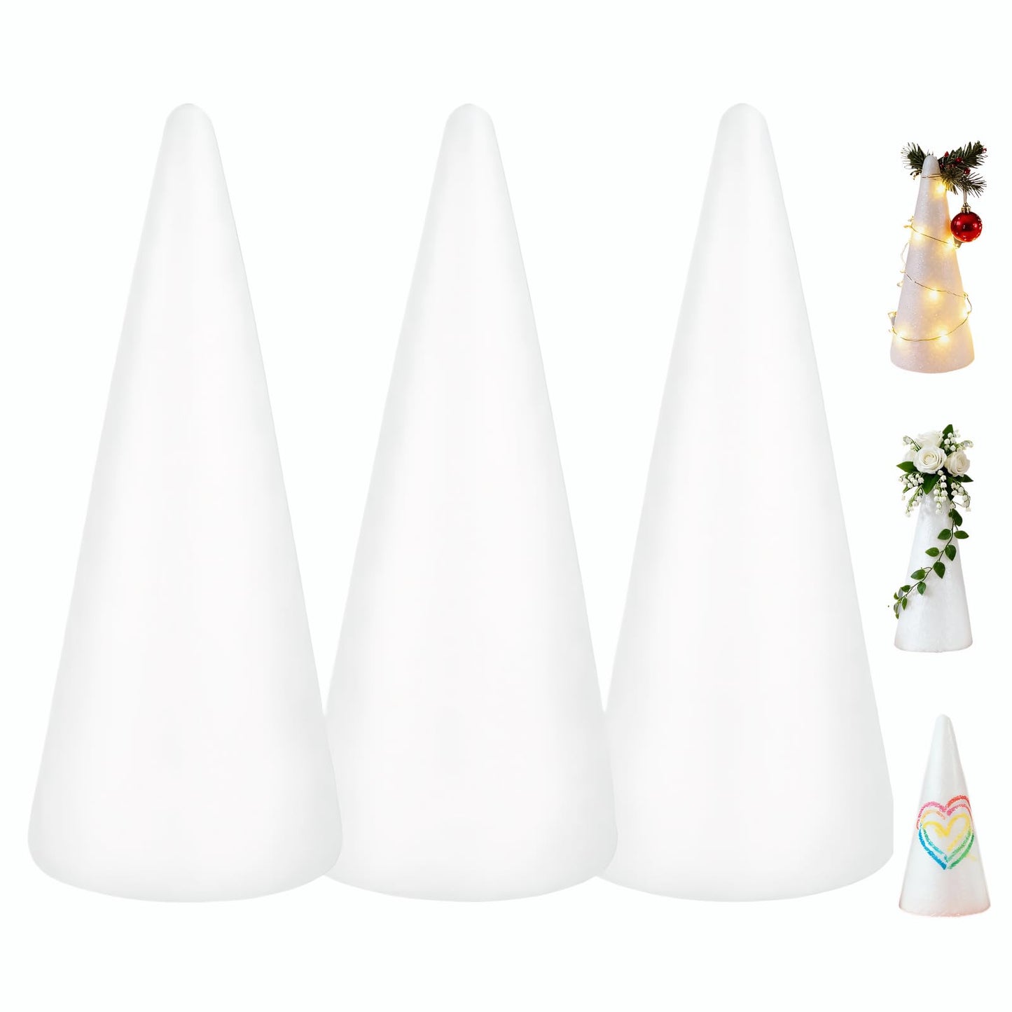 TOPBATHY 3Pcs White Polystyrene Foam Cones 30cm Foam Cones for Crafts Children's Educational Projects for Christmas Table Centerpiece Wedding