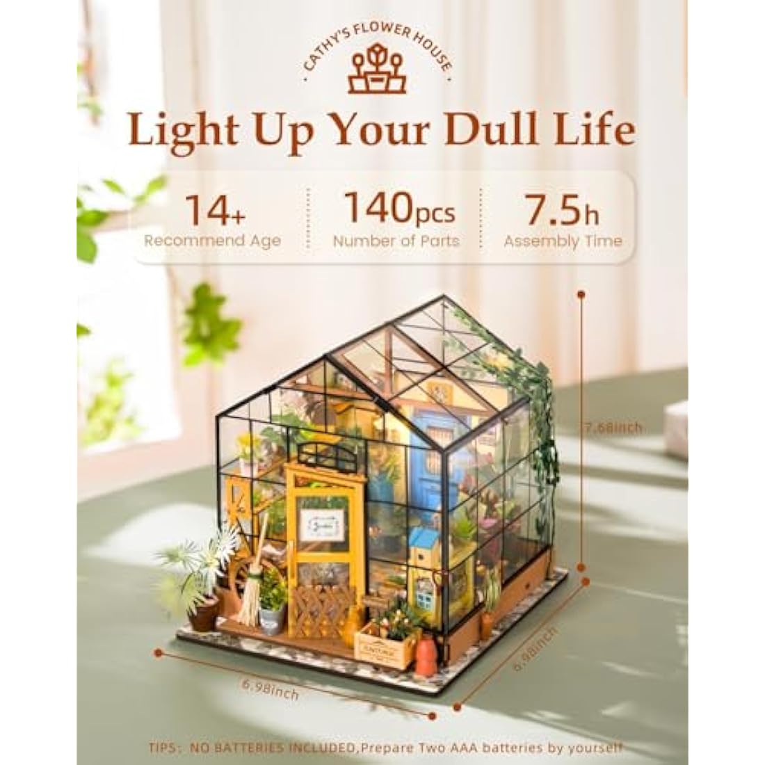 ROWOOD Doll House Kit Greenhouse, DIY Miniature Room with LED light, Wooden Model Building Kit for Adults, Cathy's Flower House for Christmas