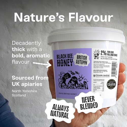 Black Bee Honey - Pure British Autumn Honey, Thick with Bold Aromatic Flavours, Unprocessed, Single Source from Hive to Jar, Never Blended - Delicious on Toast, Soothing in Drinks, 1Kg Tub