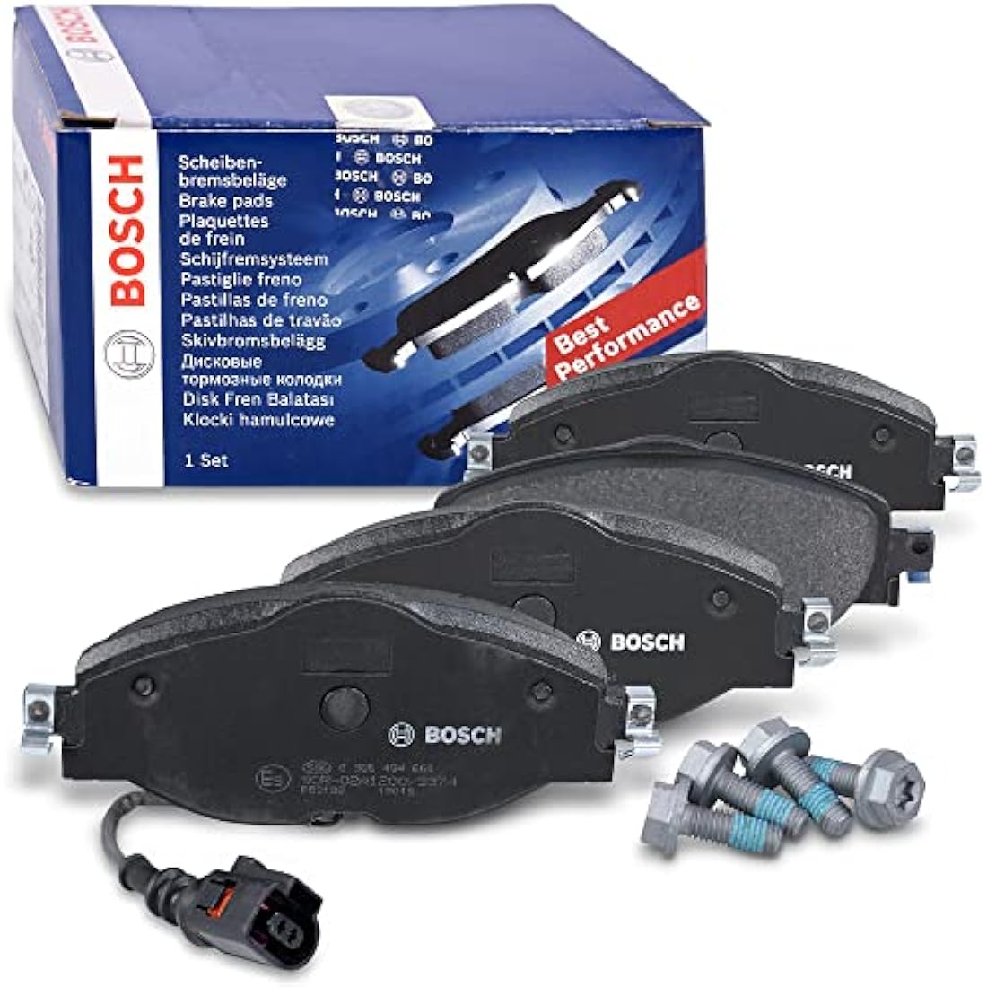 Bosch BP1505 - Brake Pads Car Front Axle - Bosch Quality - Reduced Noise and Dust - ECE-R90 Certified - Copper-Free - 1 Set of 4 Pads - With Accessories