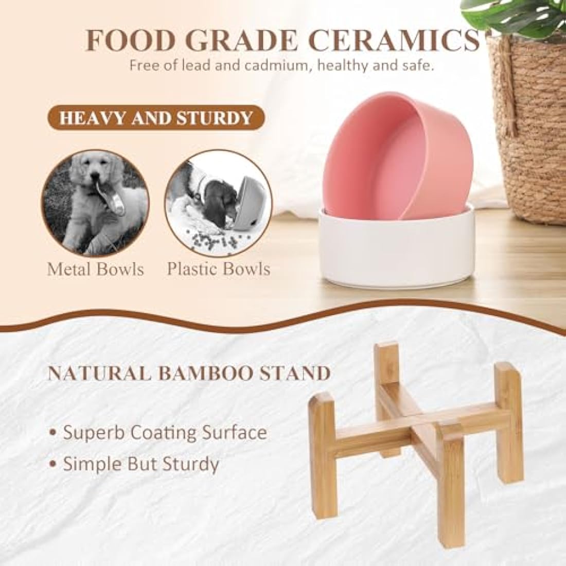 White Ceramic Elevated Raised Dog Bowls - Dog Food Dish with Stand - Double Raised Dog Food and Water Bowls Anti Vomiting - Pet Bowl with Anti Slip Rubber pad - Stress Free for Medium Dogs -set of 2