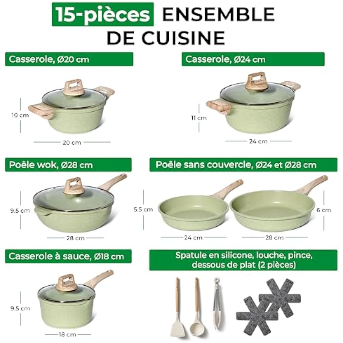 Just Perfecto Set of 15 Pots and Pans, Non-Stick Cookware Set, Granite Induction Cookware Non-Stick Set with Frying Pans and Saucepans (PFOS, PFOA Free) (Green)