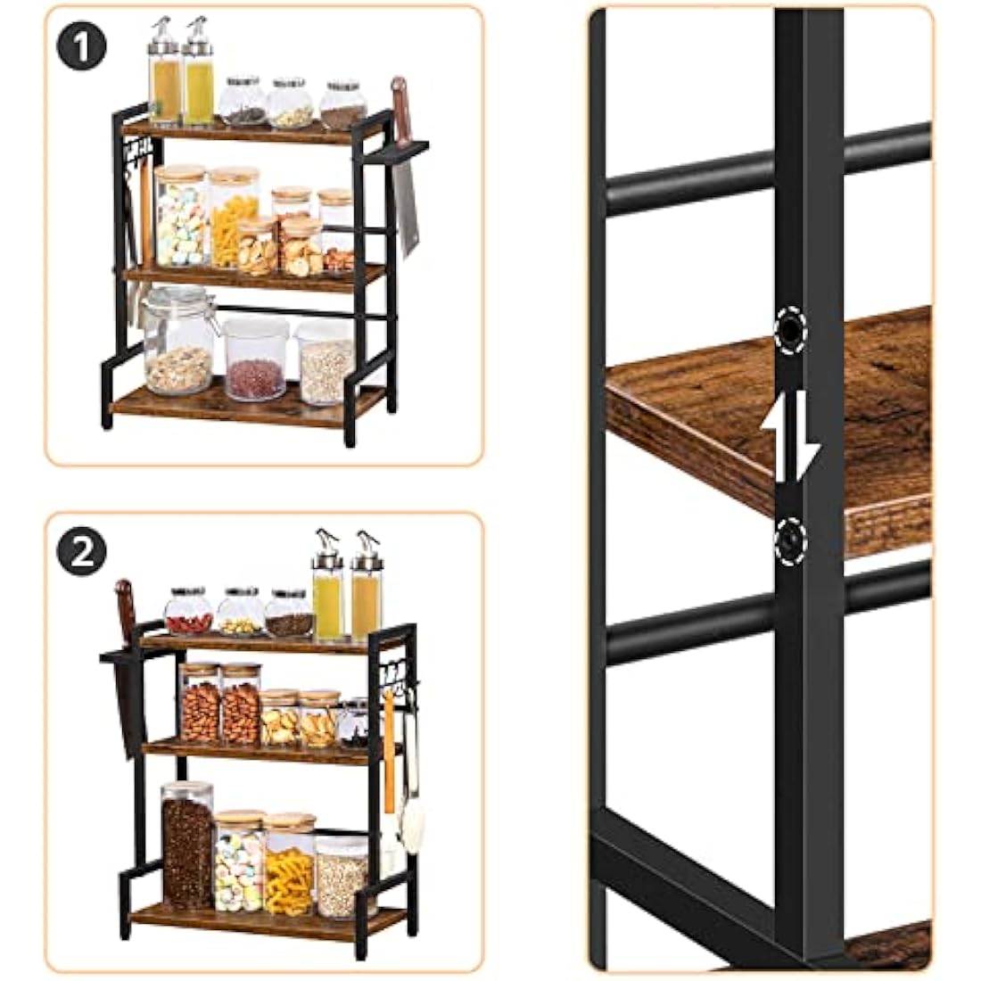 HOOBRO Spice Racks, Countertop Organiser Shelf, Desktop Organiser, Free Standing Desktop Shelves, Kitchen Storage Rack, Space Saving, for Spices, Jars, Oil Bottles, Rustic Brown and Black EBF01TL01