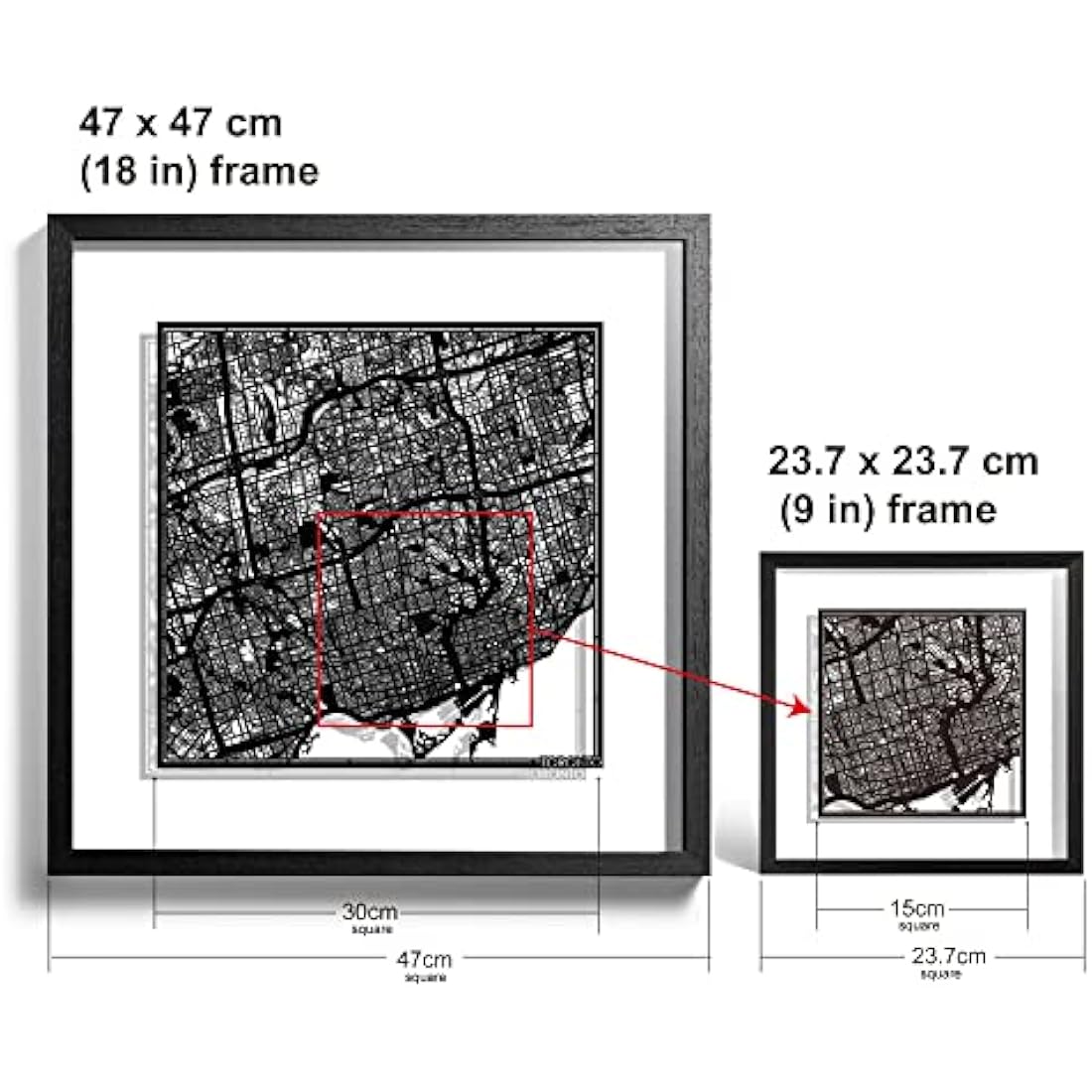 O3 DESIGN STUDIO Toronto Paper Cut Map framed, Black map, Black frame, 9x9 inches, Gift Boxed, 2 background color, self-changing, Paper Art