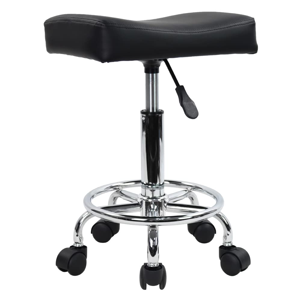 KKTONER Square Rolling Stool PU Leather Height Adjustable Swivel Massage SPA Salon Stools Task Chair with Wheels (Black)