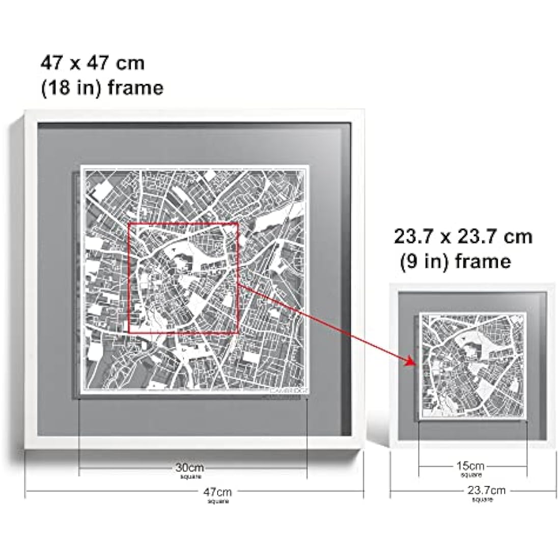 O3 DESIGN STUDIO Cambridge Paper Cut Map framed, White map, White frame, 9x9 inches, Gift Boxed, 4 background color, self-changing, Paper Art