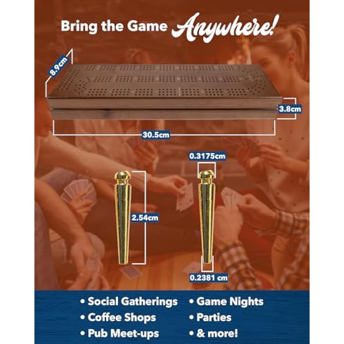 WE Games Cribbage Board With Pegs - Travel Board with 9 Metal Pegs & Playing Cards for Fun Family Game Night, Walnut Stained