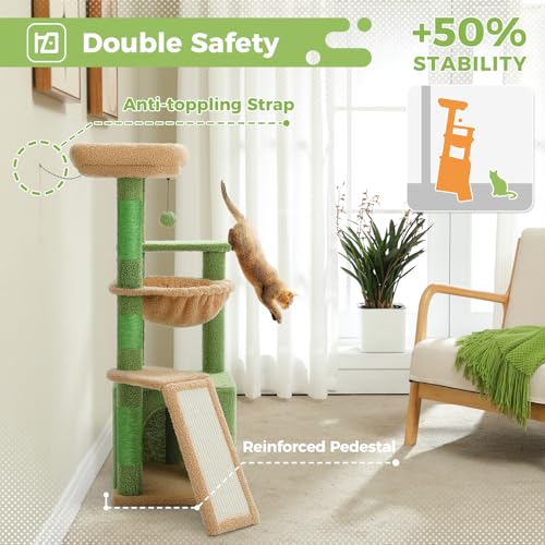 PAWZ Road Cactus Cat Tree for Indoor Cats with Large Condo, 1 Sisal Board, 3 Scratching Posts, Cat Scratching Tower with Large Hammock&Perch 90cm