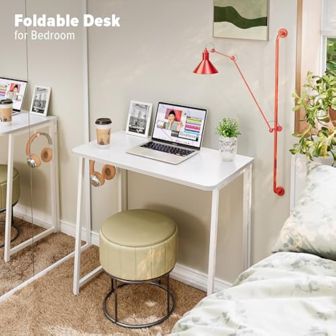 WOHOMO Folding Desk,80cm Small Desk for Small Spaces,Easy Assemble Foldable Computer Desk for Laptop,Mini Portable Working Table Narrow Wooden Writing Workstation for Home Office,White