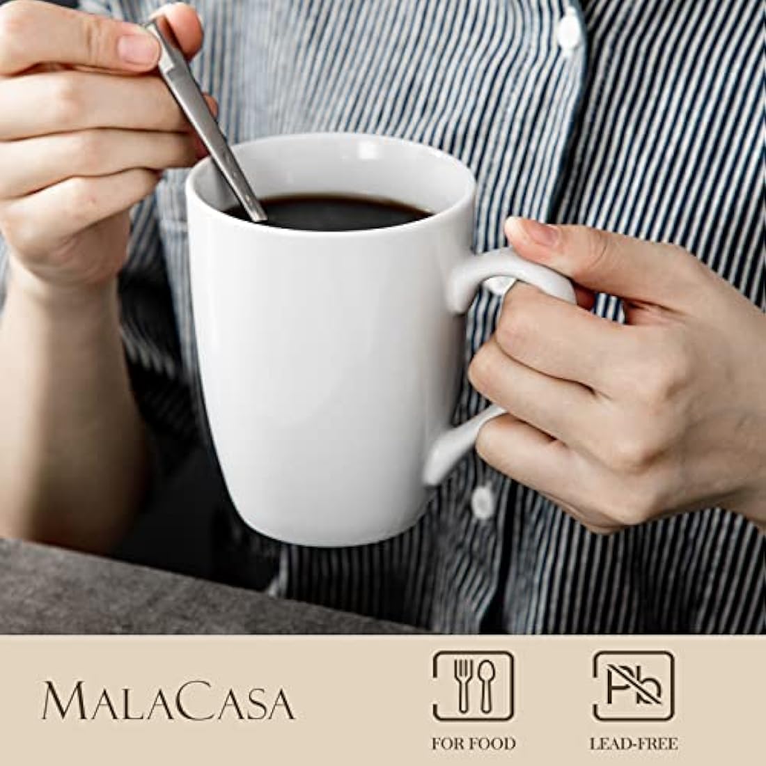 MALACASA, Series Elisa, 6 Pieces Ivory White Porcelain 340ML Coffee Mug Cup