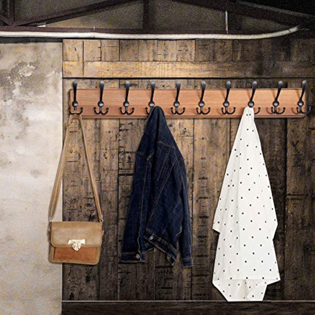 WEBI Coat Rack Wall Mounted,98cm Long,Wood Coat Hooks Wall Mounted,Coat Hanger Wall,Hook Rack Rail,10 Triple Hooks for Hanging Coats,Clothes,Jacket,Hats,Rustic Brown