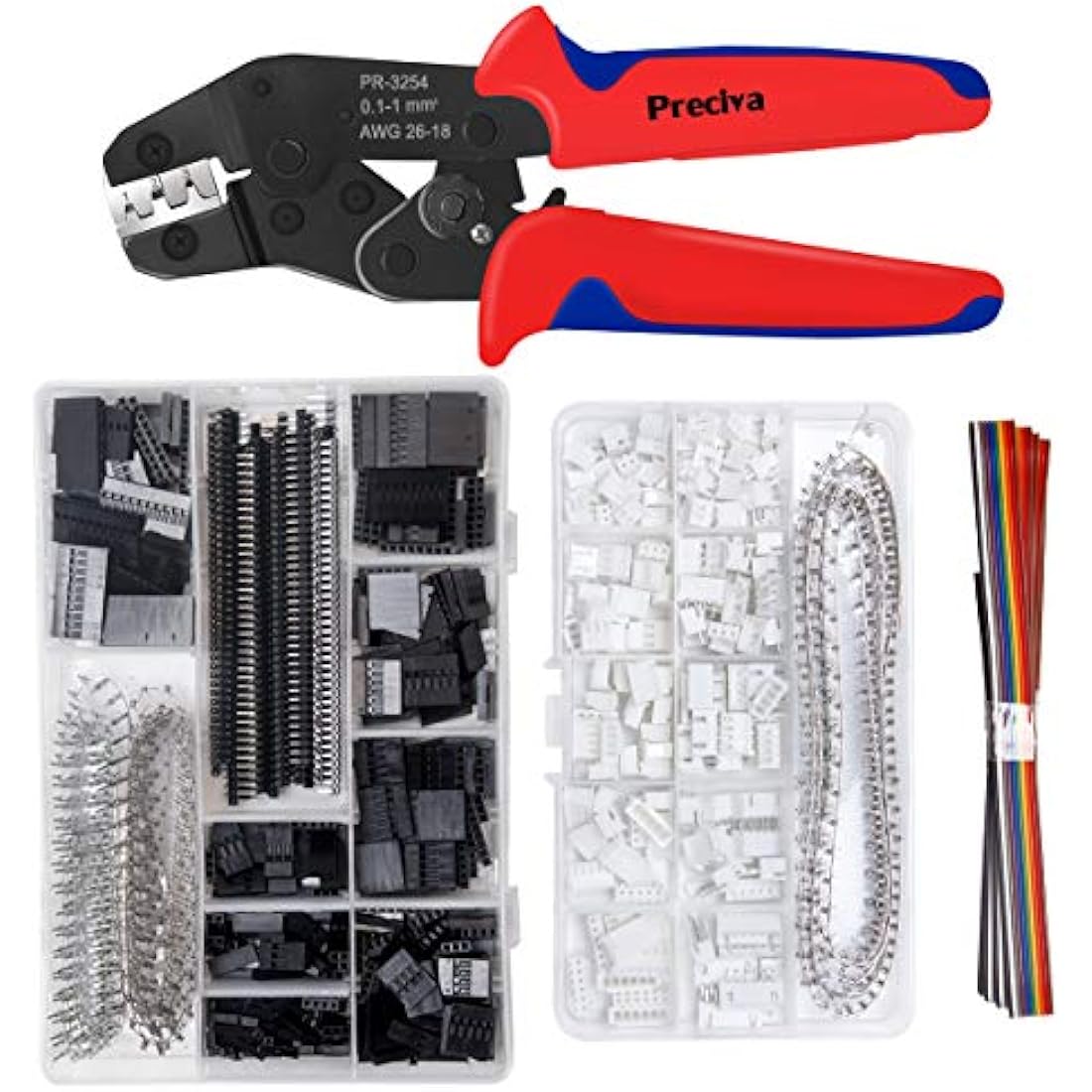 Preciva Dupont Crimping Tool AWG26-18, Ratchet Crimper Toolkit with 1550PCS Male/Female Pin Connectors 0.1-1.0mm² and 460PCS JST Terminals for 2.54mm 3.96mm, etc.